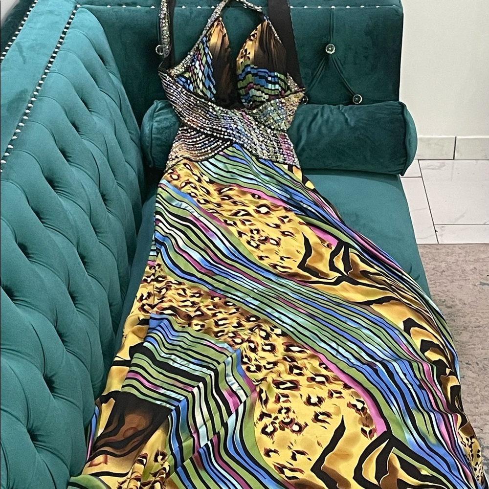 Cache multi color beaded silk print cross strap maxi dress/gown